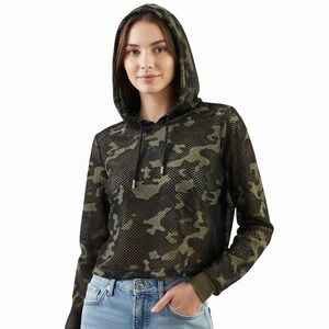 GUESS Cropped Top Hoodie Green Camo‎ Mesh Streetwear Edgy Women Size Small